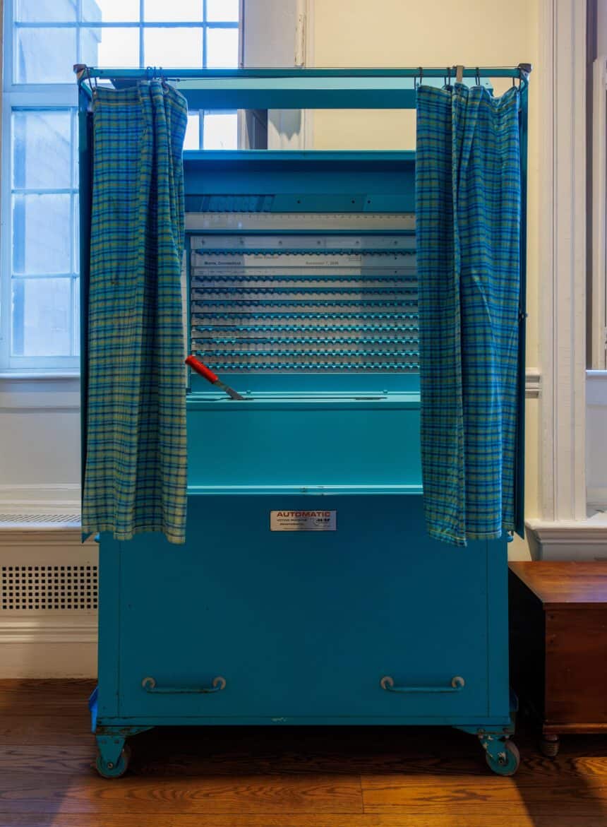 An official voting booth station in the United States used during congressional midterm elections