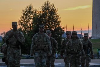 National Guard members walking near the National Mall in Washington, D.C.
