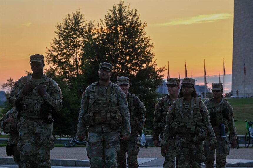 National Guard members walking near the National Mall in Washington, D.C.