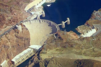 Aerial photograph of Hoover Dam and Lake Mead on the Colorado River