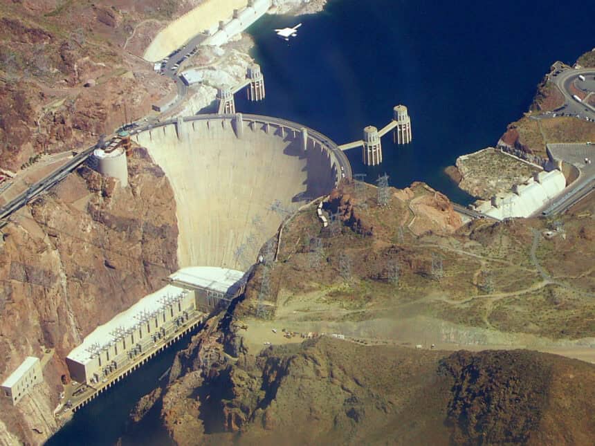 Aerial photograph of Hoover Dam and Lake Mead on the Colorado River