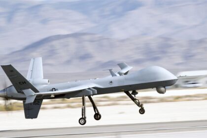 A U.S. Air Force MQ-9 Reaper drone taking off from Creech Air Force Base.