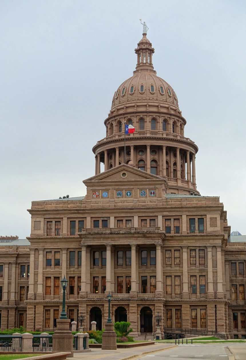 Exterior view of the Texas State Capitol building in Austin, seat of the Texas governor and state government.