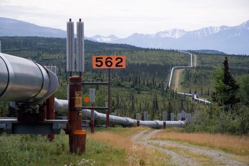 The Trans-Alaska Pipeline System traversing the Alaskan wilderness carrying domestic crude oil
