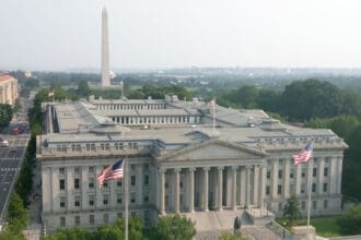 Exterior facade of the U.S. Department of the Treasury headquarters in Washington D.C.