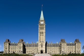 The Peace Tower and Centre Block of Parliament Hill in Ottawa, seat of the Canadian federal government.