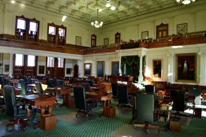 Interior view of the historic Texas State Senate chamber inside the State Capitol building in Austin, Texas.