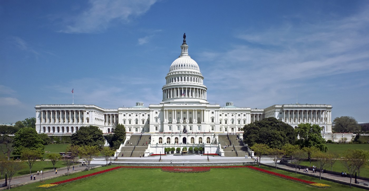 The United States Capitol building west front and dome in Washington D.C., seat of the U.S. Congress.