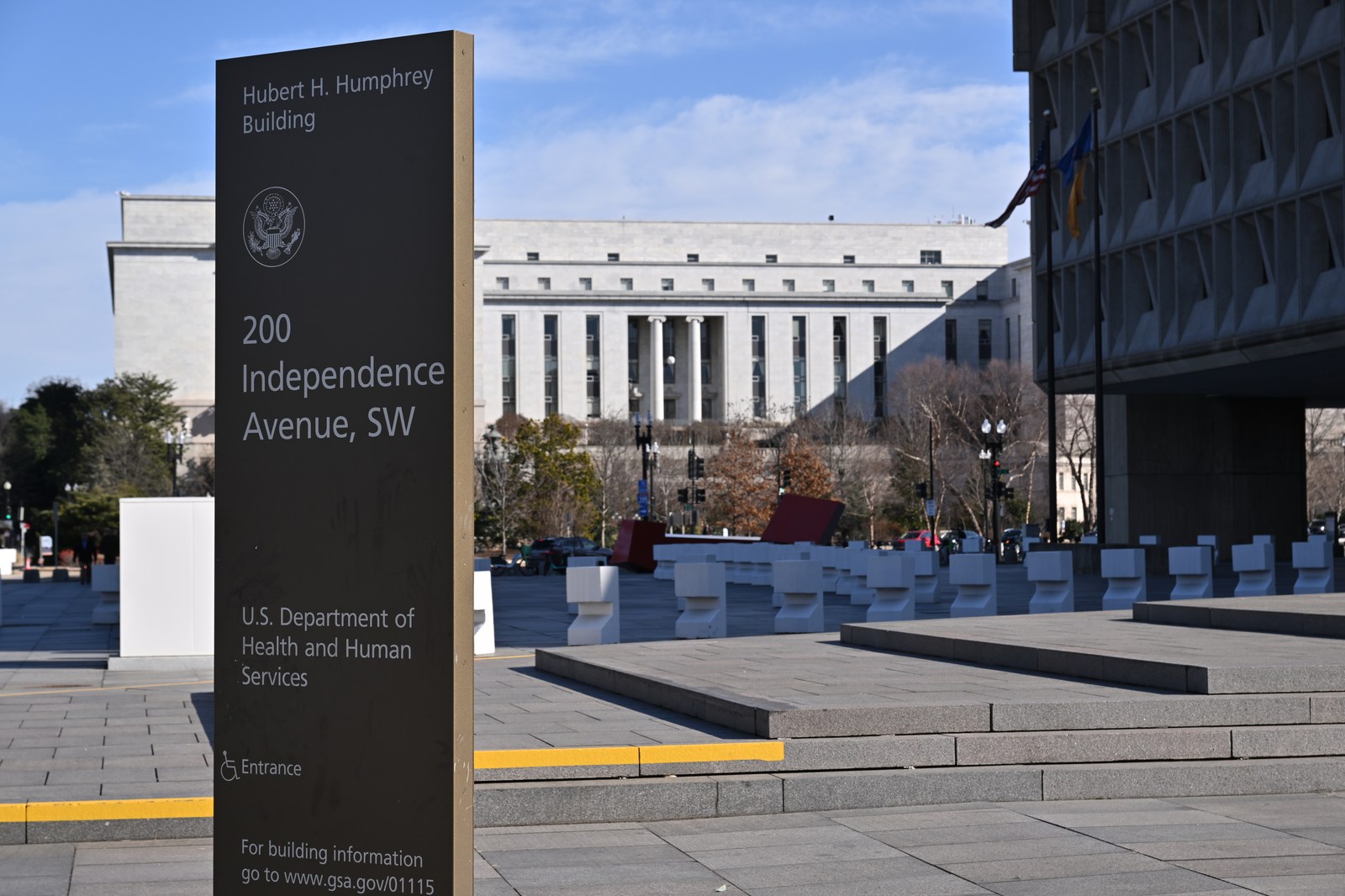Official stone sign outside the U.S. Department of Health and Human Services headquarters in Washington, D.C.