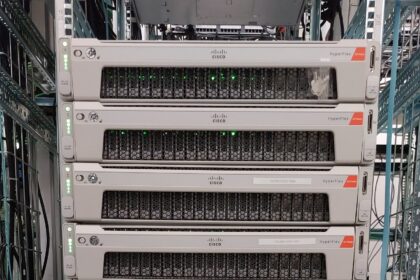 Enterprise data center server rack populated with high-performance computing nodes and fiber interconnects