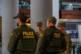 National Guard soldier and Border Patrol vehicle stationed overlooking the southwest border