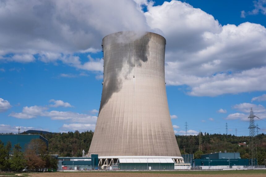 Hyperboloid cooling tower and containment dome of an operational commercial nuclear energy station