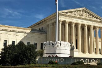 The marble west facade of the Supreme Court of the United States in Washington