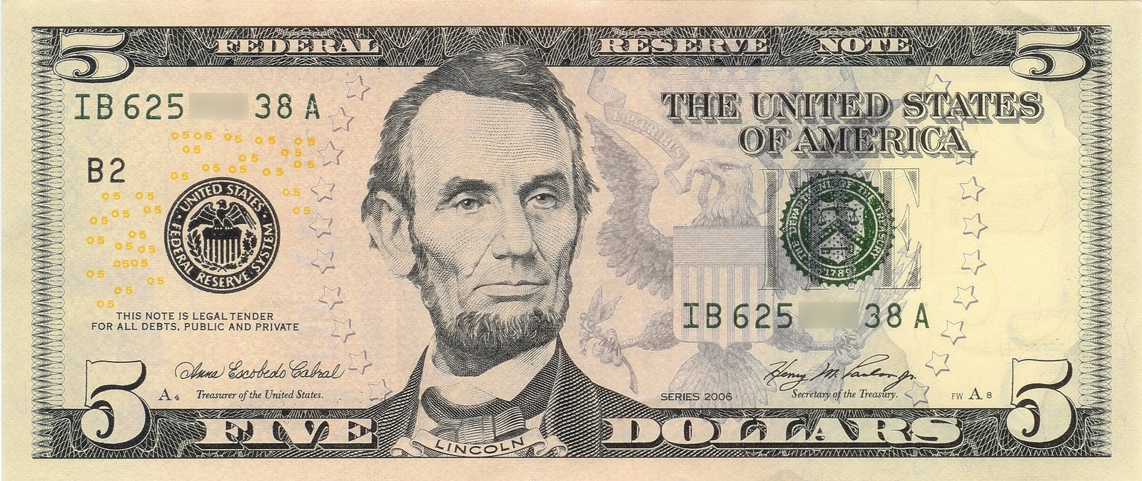 Obverse of an American five-dollar banknote featuring President Abraham Lincoln