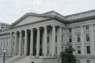 Classical granite colonnade of the United States Department of the Treasury Building in Washington, D.C.