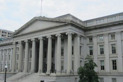 The historic classical facade of the U.S. Treasury Department building in Washington