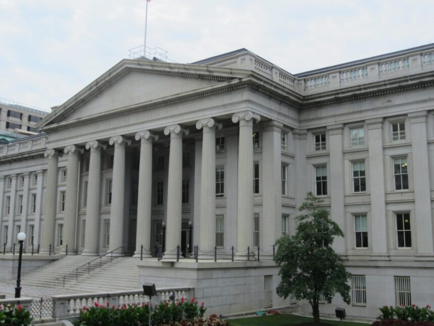 The historic classical facade of the U.S. Treasury Department building in Washington