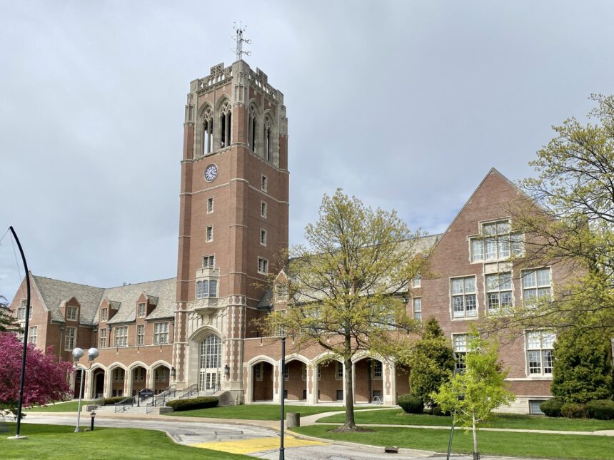 Historic collegiate gothic administration building on an American university campus