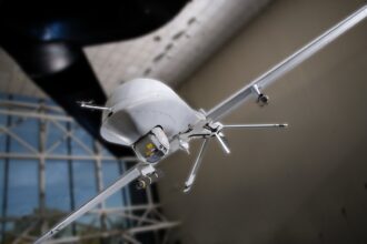 An unmanned aerial reconnaissance drone flying during border defense operations