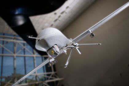 An unmanned aerial reconnaissance drone flying during border defense operations